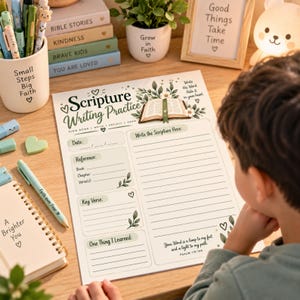 K&ouml;nnte beinhalten: Ein Arbeitsblatt zur Schriftstellen-&Uuml;bung mit einer zentralen Illustration eines aufgeschlagenen Buches und floralen Akzenten. Die Seite enth&auml;lt Abschnitte f&uuml;r Datum, Referenz, Schl&uuml;sselvers, eine Erkenntnis und einen linierten Bereich.