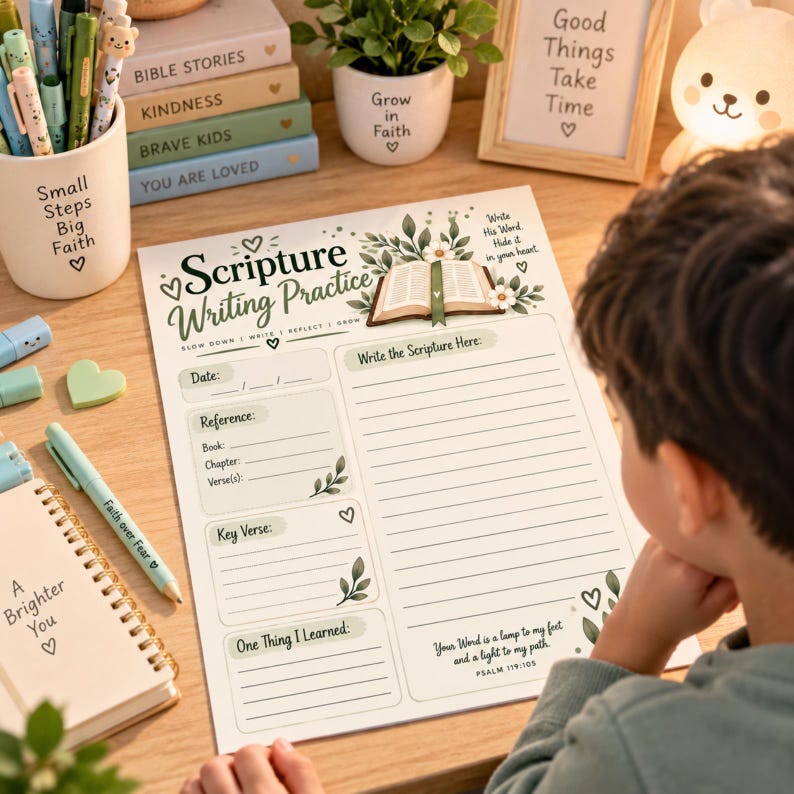 K&ouml;nnte beinhalten: Ein Arbeitsblatt zur Schriftstellen-&Uuml;bung mit einer zentralen Illustration eines aufgeschlagenen Buches und floralen Akzenten. Die Seite enth&auml;lt Abschnitte f&uuml;r Datum, Referenz, Schl&uuml;sselvers, eine Erkenntnis und einen linierten Bereich.