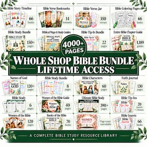 May include: A digital product display titled Whole Shop Bible Bundle Lifetime Access, featuring 4000+ pages of religious study materials including Bible story timelines, verse bookmarks, coloring pages, study guides, and faith journals.