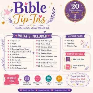 May include: A digital graphic titled Bible Tip-Ins featuring 20 Bible journaling inserts and 3 bonus pages. The layout lists topics like Types of Love, Prayer, and The Ten Commandments, alongside sections for bonus pages, extras, and usage categories.