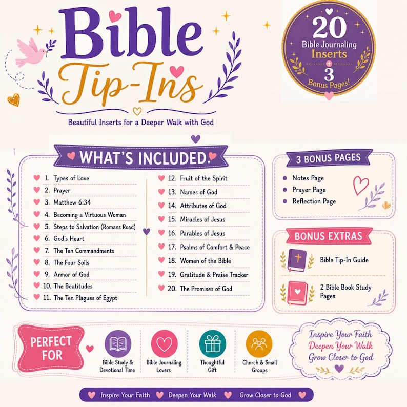 May include: A digital graphic titled Bible Tip-Ins featuring 20 Bible journaling inserts and 3 bonus pages. The layout lists topics like Types of Love, Prayer, and The Ten Commandments, alongside sections for bonus pages, extras, and usage categories.