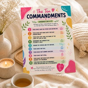May include: A rectangular poster titled The Ten Commandments, featuring Exodus 20:1-17. The design includes ten numbered rows in pastel colors, each with a specific commandment and a small icon. Decorative elements include pink hearts, green leaves, and text.