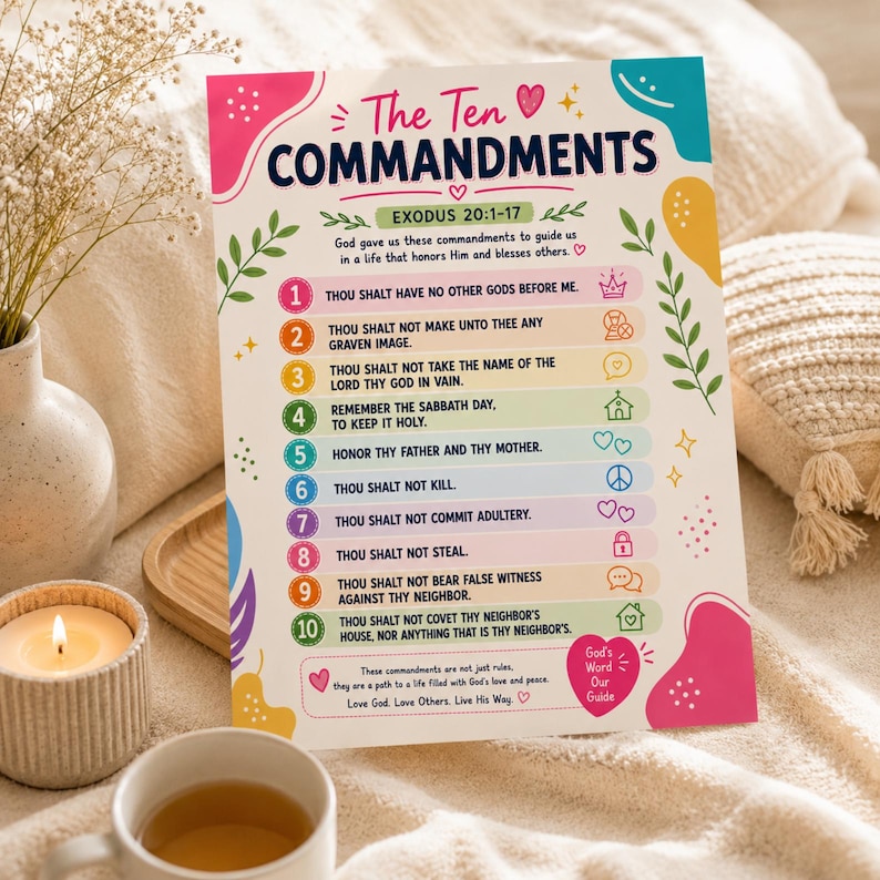 May include: A rectangular poster titled The Ten Commandments, featuring Exodus 20:1-17. The design includes ten numbered rows in pastel colors, each with a specific commandment and a small icon. Decorative elements include pink hearts, green leaves, and text.