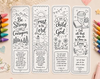 May include: Four rectangular paper bookmarks with black and white line art designs for coloring. Each bookmark features inspirational text, including Bible verses like Joshua 1:9, Proverbs 3:5-6, 1 John 3:1, and 1 Corinthians 16:14, alongside illustrations of mountains, a lighthouse, flowers, and a coffee cup.
