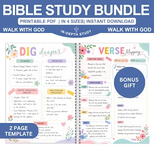May include: A spiral-bound Bible study bundle template featuring two pages titled Dig Deeper and Verse Mapping. The pages include sections for keywords, definitions, written verses, translations, and prayer, decorated with colorful floral illustrations.