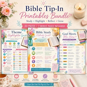 May include: A digital Bible Tip-In Printables Bundle featuring three instructional guides titled Theme Highlighter Guide, Bible Study Methods Guide, and God Meets Me Here. The pages include colorful floral illustrations, text, charts, and icons for study, highlighting, reflection, and growth, with a total of 22 pages plus 3 bonus pages.