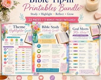 Könnte beinhalten: Ein digitales Bible Tip-In Printables Bundle mit drei Anleitungen namens Theme Highlighter Guide, Bible Study Methods Guide und God Meets Me Here. Die Seiten enthalten bunte Blumenillustrationen, Text, Tabellen und Symbole zum Lernen, Markieren, Reflektieren und Wachsen, mit insgesamt 22 Seiten plus 3 Bonusseiten.