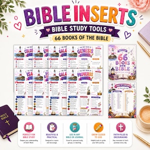 Può includere: Una collezione di inserti per lo studio della Bibbia con illustrazioni colorate di fari, accenti floreali e testo che descrive i 66 libri della Bibbia. Il set include riassunti dei singoli libri, un sommario e icone didattiche per lo studio.