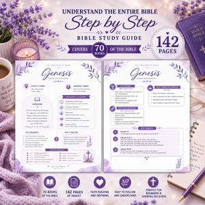 May include: A 142-page Bible study guide titled Understand the Entire Bible Step by Step, featuring two pages detailing the book of Genesis with purple floral accents, icons, and text summaries, presented alongside a purple Bible and a pen.