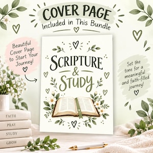K&ouml;nnte beinhalten: Ein wei&szlig;es Deckblatt mit dem Text SCRIPTURE & STUDY in dunkelgr&uuml;ner Schrift, zentriert &uuml;ber einer Illustration eines aufgeschlagenen Buches mit gr&uuml;nem Lesezeichen, umgeben von gr&uuml;nen Bl&auml;ttern, kleinen wei&szlig;en Blumen und Herzsymbolen.