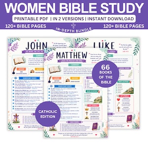 Pode incluir: Um pacote de estudo bíblico digital com páginas imprimíveis para os livros de Mateus, João e Lucas. Cada página inclui resumos, eventos significativos, símbolos-chave e locais com detalhes florais em aquarela e títulos em roxo.