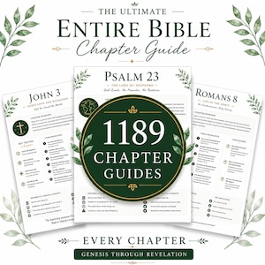 Puede incluir: Un conjunto de guías de estudio bíblico impresas con el texto The Ultimate Entire Bible Chapter Guide y 1189 Chapter Guides. Las páginas incluyen Salmo 23, Juan 3 y Romanos 8 con resúmenes de capítulos, versículos y puntos de fe.