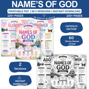 May include: A digital bundle titled Names of God featuring over 120 pages in two versions, color and black and white. The printable PDF includes 60 divine names, scripture references, and thematic illustrations like a cross and a fountain.