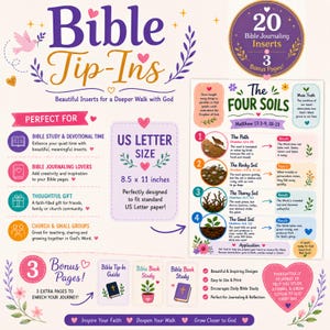 May include: A digital product sheet for Bible Tip-Ins featuring 20 journaling inserts and 3 bonus pages. The graphic displays the Four Soils parable, US Letter size of 8.5 x 11 inches, and various icons including hearts, flowers, and a dove.