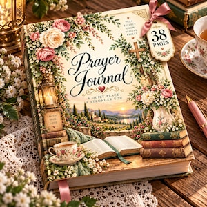 May include: A prayer journal with a cream cover featuring floral illustrations, a landscape scene, and a cross. The text reads Prayer Journal, A Quiet Place A Stronger You, Pray Reflect Grow Believe Repeat, and 38 Pages. It includes a pink ribbon.