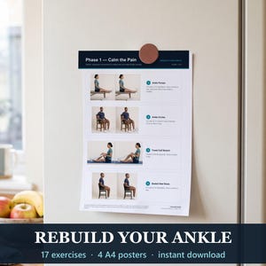 May include: A white A4 poster titled Phase 1 — Calm the Pain, featuring four instructional exercise diagrams for ankle rehabilitation. The poster includes text descriptions for ankle pumps, circles, calf stretches, and heel raises.
