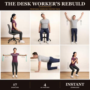 May include: A printable exercise poster pack titled THE DESK WORKER'S REBUILD featuring 17 exercises across 4 A4 posters. The grid displays individuals performing various stretches and movements, including seated posture, wall reaches, and resistance band work.