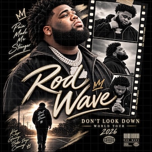 May include: A promotional poster for the Rod Wave Don't Look Down World Tour 2026 featuring a large portrait of the artist wearing a thick chain, three smaller film strip photos, and a silhouette of a person walking on a road at sunset.
