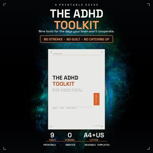 Puede incluir: Una guía imprimible titulada The ADHD Toolkit, que presenta nueve herramientas para los días en que el cerebro no coopera. El documento incluye el texto: No streaks, no guilt, no catching up, printable, undated, reusable templates y A4+US letter.
