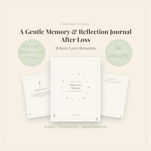 May include: A printable journal titled A Gentle Memory & Reflection Journal After Loss, Where Love Remains. The set includes 86 pages in US Letter and A4 sizes. The pages feature light green leaf accents, lined writing areas, and text headers.