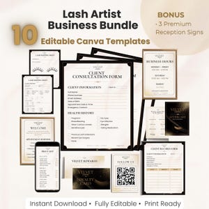 May include: A digital bundle of 10 editable Canva templates for lash artists, including a client consultation form, business hours sign, price list, aftercare card, loyalty card, and follow-up sign with a QR code, all featuring a gold and black theme.