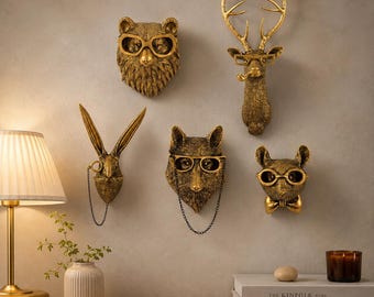 Antieke bronzen hars dieren wanddecoratie, vintage hert, beer, vos, konijn, muis wandhanger, Scandinavische dierensculptuur, rustieke woondecoratie