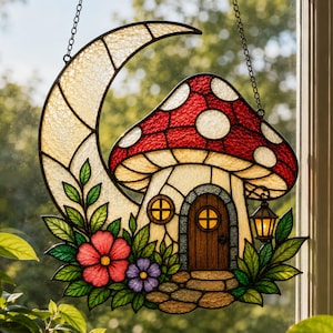 Può includere: Un acchiappasole in vetro colorato a forma di mezzaluna che incornicia una casa a forma di fungo. Il fungo ha un cappello rosso con macchie bianche, una porta marrone e una lanterna. Foglie verdi, un fiore rosa e uno viola sono alla base.