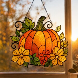 Kürbis- und Blumen-Glasmalerei-Vorlage (PDF) | Herbstlicher Sonnenfänger | Halloween-Glasmalerei-Vorlage | Druckbare Kürbis-Blumenkunst
