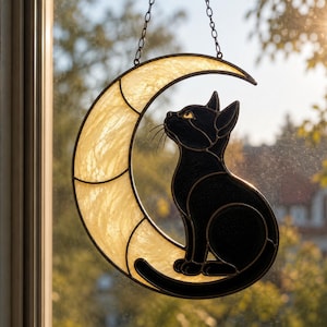 May include: A stained glass suncatcher featuring a black cat sitting on a crescent moon. The moon is crafted from textured, translucent cream-coloured glass, while the cat is made of solid black glass. The piece is suspended by a metal chain.