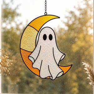 Ghost and Moon Stained Glass Pattern PDF | Halloween Suncatcher Template | Cute Ghost Glass Art | Spooky Moon Stained Glass Printable