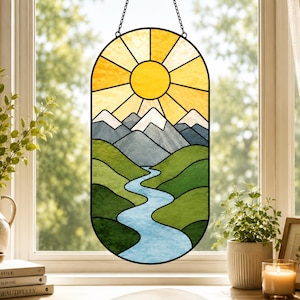 Mountain River Stained Glass Pattern | Landscape Suncatcher Template | Printable Tiffany Glass Pattern PDF | DIY Glass Art, Instant Download