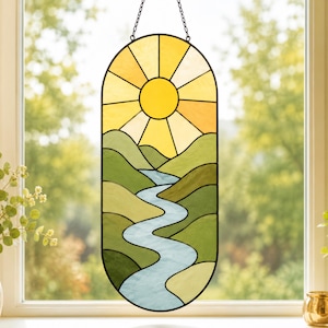 Landscape Stained Glass Pattern | Mountain River Suncatcher Template | Printable Tiffany Glass Pattern PDF | DIY Glass Art, Instant Download
