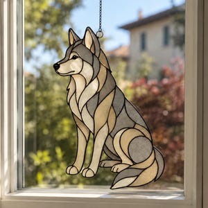 May include: A stained glass suncatcher shaped like a sitting wolf, featuring segmented pieces of translucent glass in shades of grey, cream, and tan, outlined with dark metal solder lines and suspended by a thin metal chain for window display.