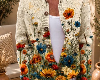 Women's Floral Patterned Knit Cardigan Button Front Long Sleeve Cozy Fall Layering Sweater Gift