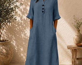 Womens Boho Midi Dress Casual Button Pocket Summer Beach Vacation Loose Flowy A Line Outfit