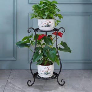 May include: A two-tier black metal plant stand with curved legs and circular shelves. Two white ceramic pots with painted red floral designs and black text sit on the shelves, holding a green leafy plant and a plant with red flowers.