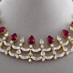 18K Gold Cleopatra Choker Necklace | AAA Rubies, Diamonds, Royal Bridal Statement