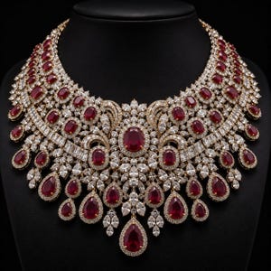 18K Yellow Gold 90.00 CTW Natural Ruby Diamond Statement Necklace Bridal Fine Jewelry