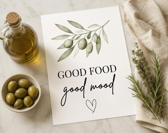 Lámina decorativa para pared de cocina, impresión "Buena comida, buen humor", decoración de cocina con ramas de olivo, arte mural mediterráneo, descarga digital.