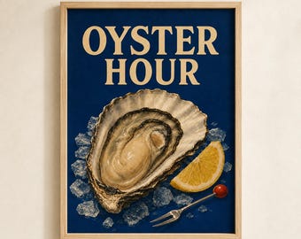 Lámina decorativa de ostras para imprimir, póster vintage de mariscos para la decoración de cocinas costeras.