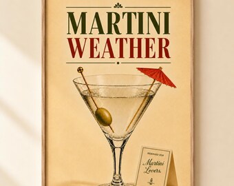 Lámina decorativa retro con diseño de cóctel Martini Weather para bar en casa o carrito de bar.