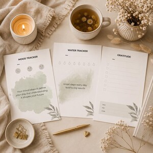 Puede incluir: Tres hojas de papel blanco con un rastreador de estado de &aacute;nimo, un rastreador de agua y una lista de gratitud con detalles en acuarela verde salvia e ilustraciones de hojas. El rastreador de &aacute;nimo incluye texto, el de agua tiene iconos de gotas.