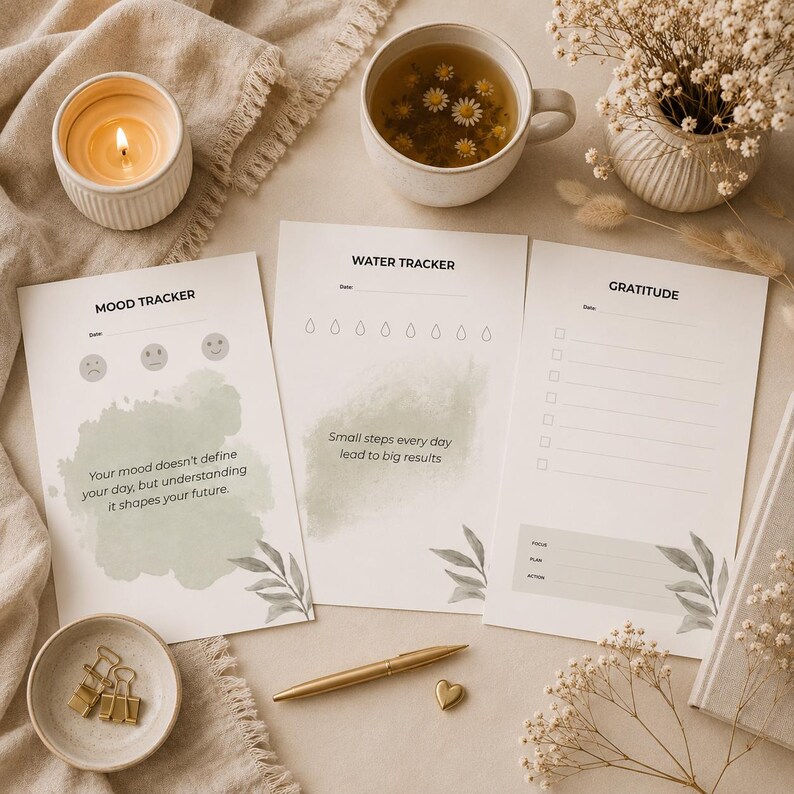 Puede incluir: Tres hojas de papel blanco con un rastreador de estado de &aacute;nimo, un rastreador de agua y una lista de gratitud con detalles en acuarela verde salvia e ilustraciones de hojas. El rastreador de &aacute;nimo incluye texto, el de agua tiene iconos de gotas.
