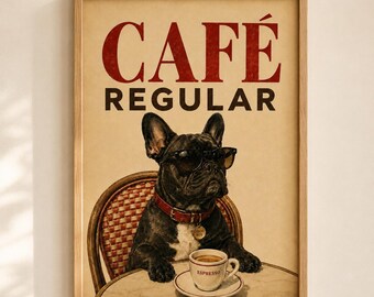 Lámina decorativa imprimible de bulldog francés para cafetería, cocina o como regalo para amantes de los perros.