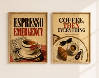 Juego de 2 láminas decorativas imprimibles con motivos de café para decorar cafeterías, cocinas y hogares.