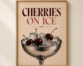 Lámina retro de cóctel Cerezas sobre hielo para bar en casa o rincón de cócteles