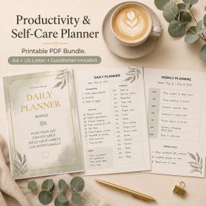 Minimalist Daily Planner Printable Bundle with Productivity and Self Care Pages.
