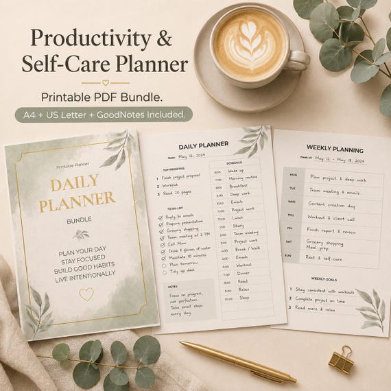 Daily Planner Printable Bundle PDF | Productivity & Self Care Planner | Weekly Planner | A4 US Letter GoodNotes | Instant Download