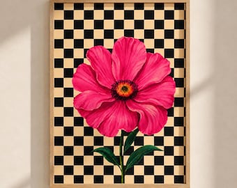 Lámina decorativa imprimible con diseño de flores y tablero de ajedrez para una decoración colorida de sala de estar o dormitorio.