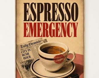 Póster retro de café "Espresso Emergency" para la cocina o la barra de café de casa.